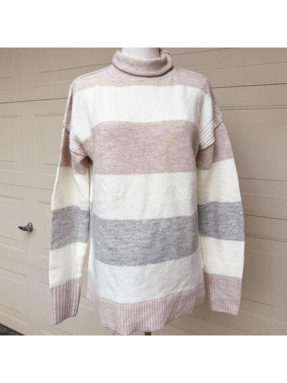 Gap Womens S Tall Striped Turtleneck Sweater Ivory Taupe Gray Wool Blend Cozy